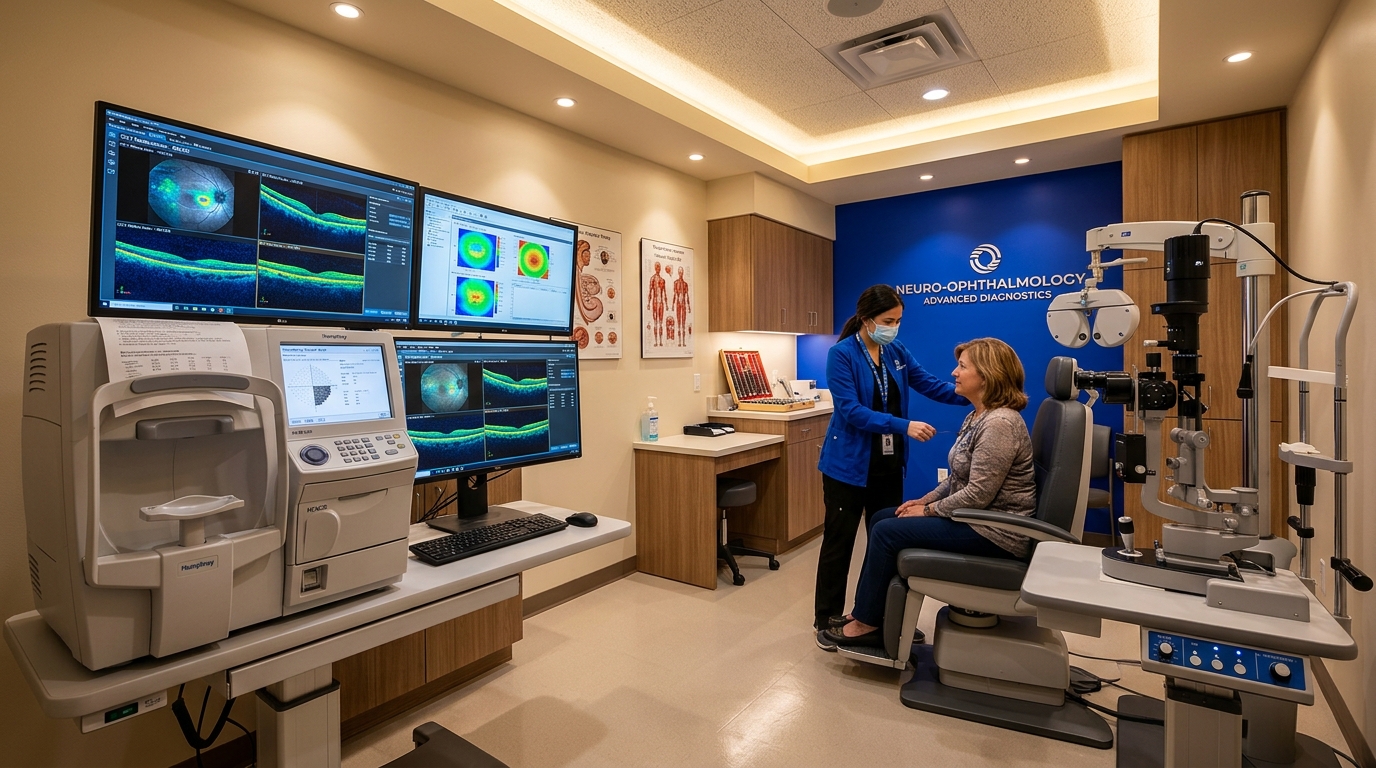 Neuro-Ophthalmology Consultants specialized examination suite with OCT and visual field testing workstations