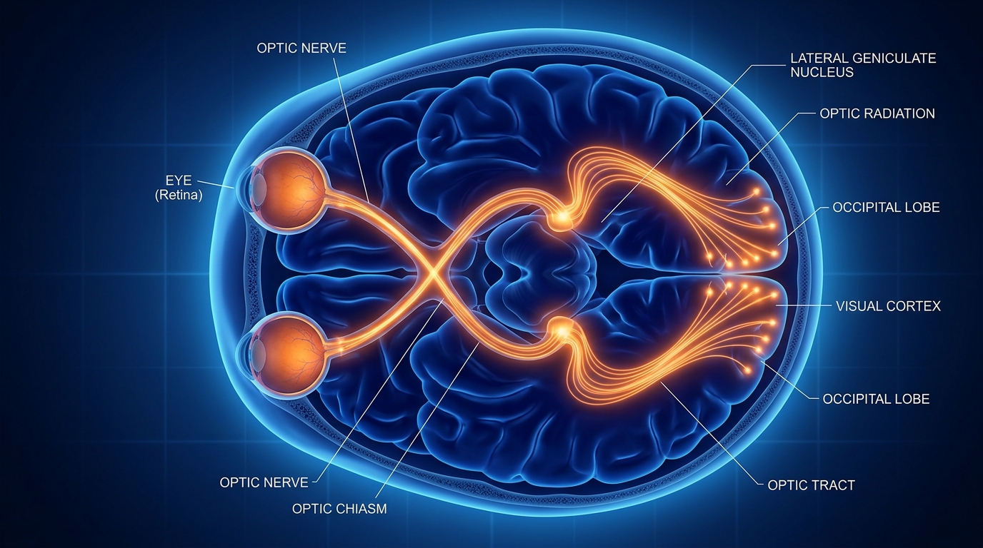 Anatomical diagram of the visual pathway and brain visual cortex